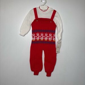 Vintage La Moda D’Oro Red Knit Overalls & White Sweater Set 18M – Made in Israel